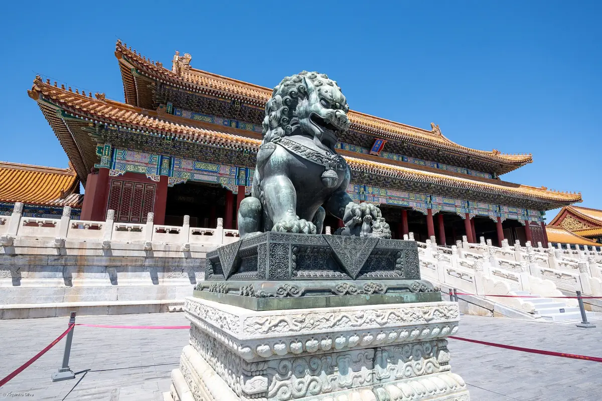 Bronze lion before the Gate of Supreme Harmony